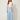 255574 Blue Silk Casual Pants — front view on model, tie belt knotted at front waist
