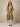 335711 Cute Gold Dress - front view on model, shirt collar with V placket, wide dolman sleeves and self-tie waist belt, gold taffeta