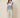 SR397 BLUE AND CREAM B-P SET - front view on model, V-neck top with blue trim and stripes with wide-leg pants