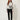 SR419 GEO SL EDGE BLOUSE - front view on model, stand collar with two covered buttons and keyhole, black geometric print on cream
