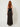 RM1519 brown venus dress - back view on model, black floral lace panel wrapping the back, diagonal seam and floor-length velvet skirt