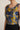 Navy mustard floral cropped top on model, studio