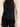 601570 BLACK FRINGE TOP - detail view of the draped cowl, the curved tab with two fabric-covered buttons and the fringe hem