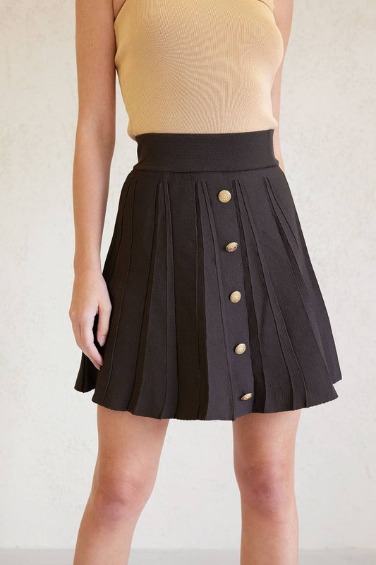 Pleated Buttoned Knit Skirt - Brown