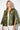 Maya Green Moth Coat — close-up of the wide pointed collar and olive brocade with lime-green moth motifs outlined in black