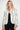 Elsa Rish Patineh White Coat — close-up of the white fringe jacquard fabric and collarless neckline on model