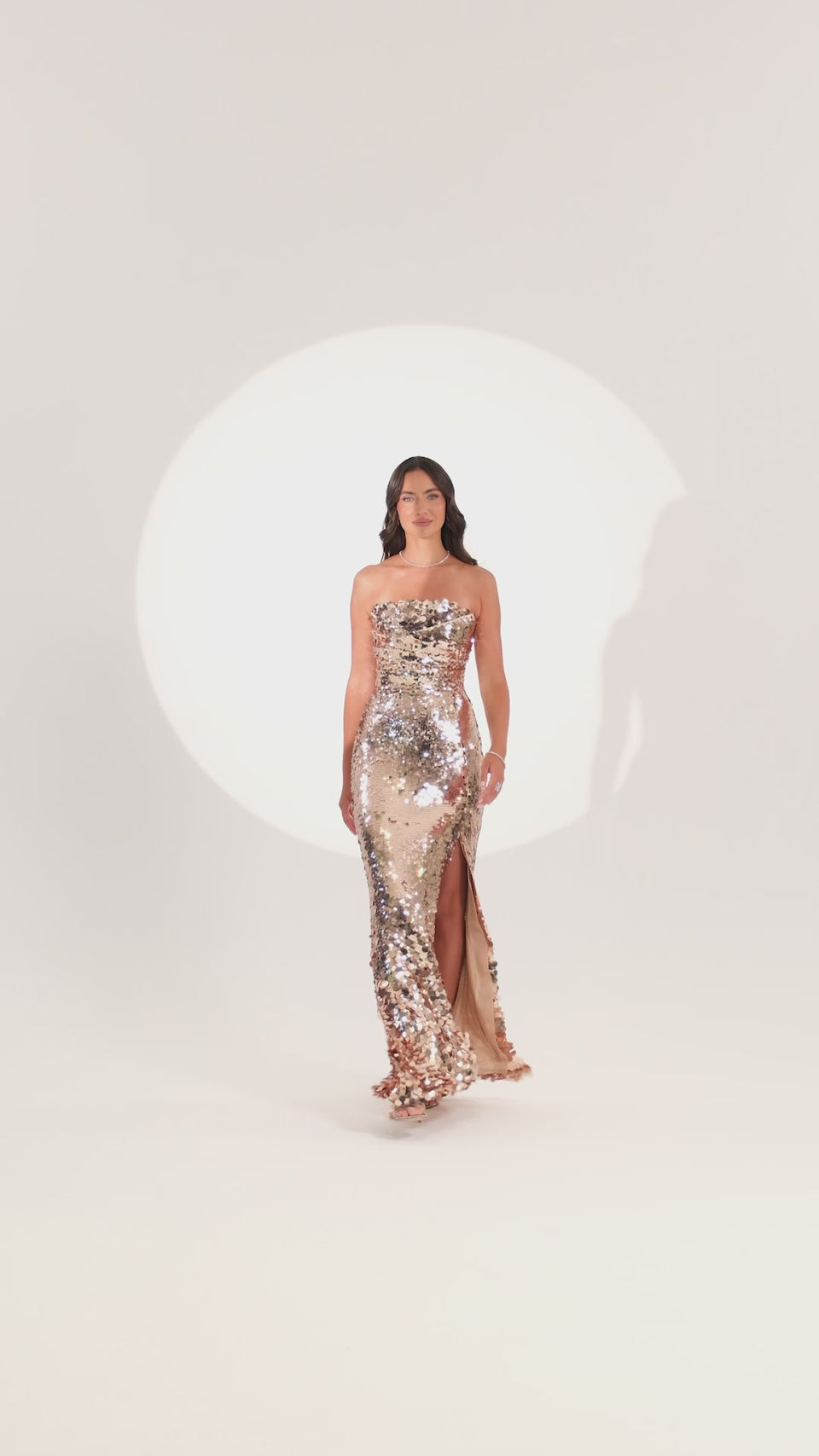 Strapless Front-Slit Sequin Gown in Copper — video