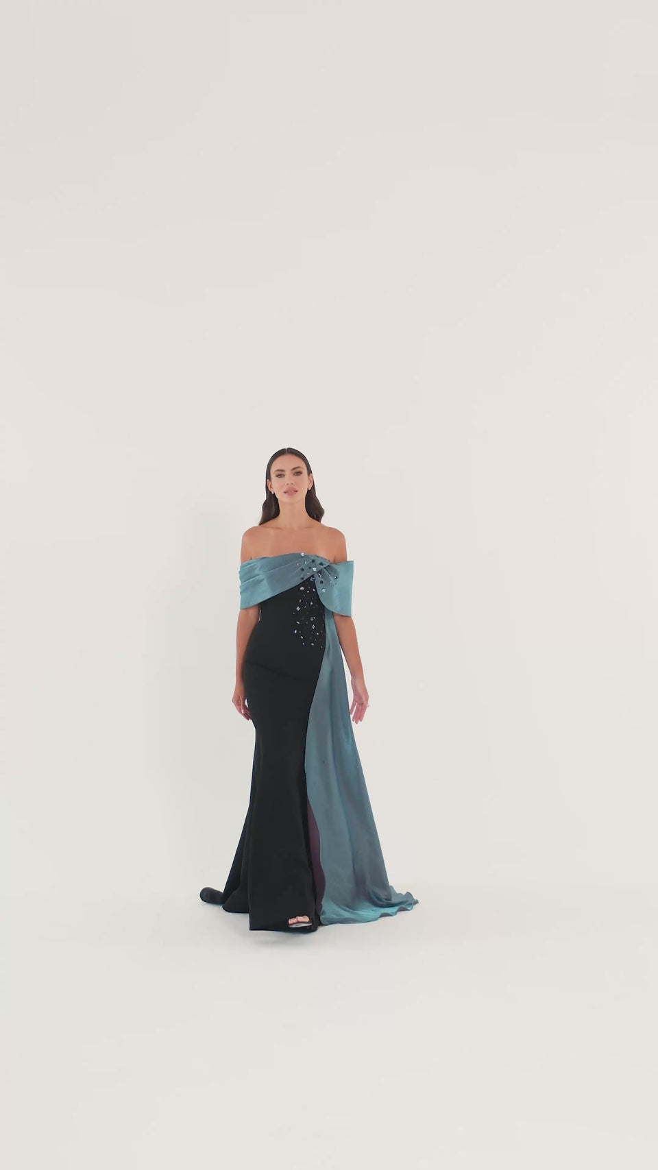 Black Embellished Drape Satin Detail Dress in Black / Indigo — video