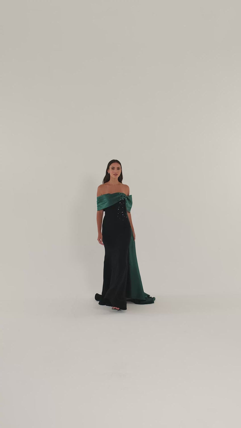 Black Embellished Drape Satin Detail Dress in Black / Emerald — video