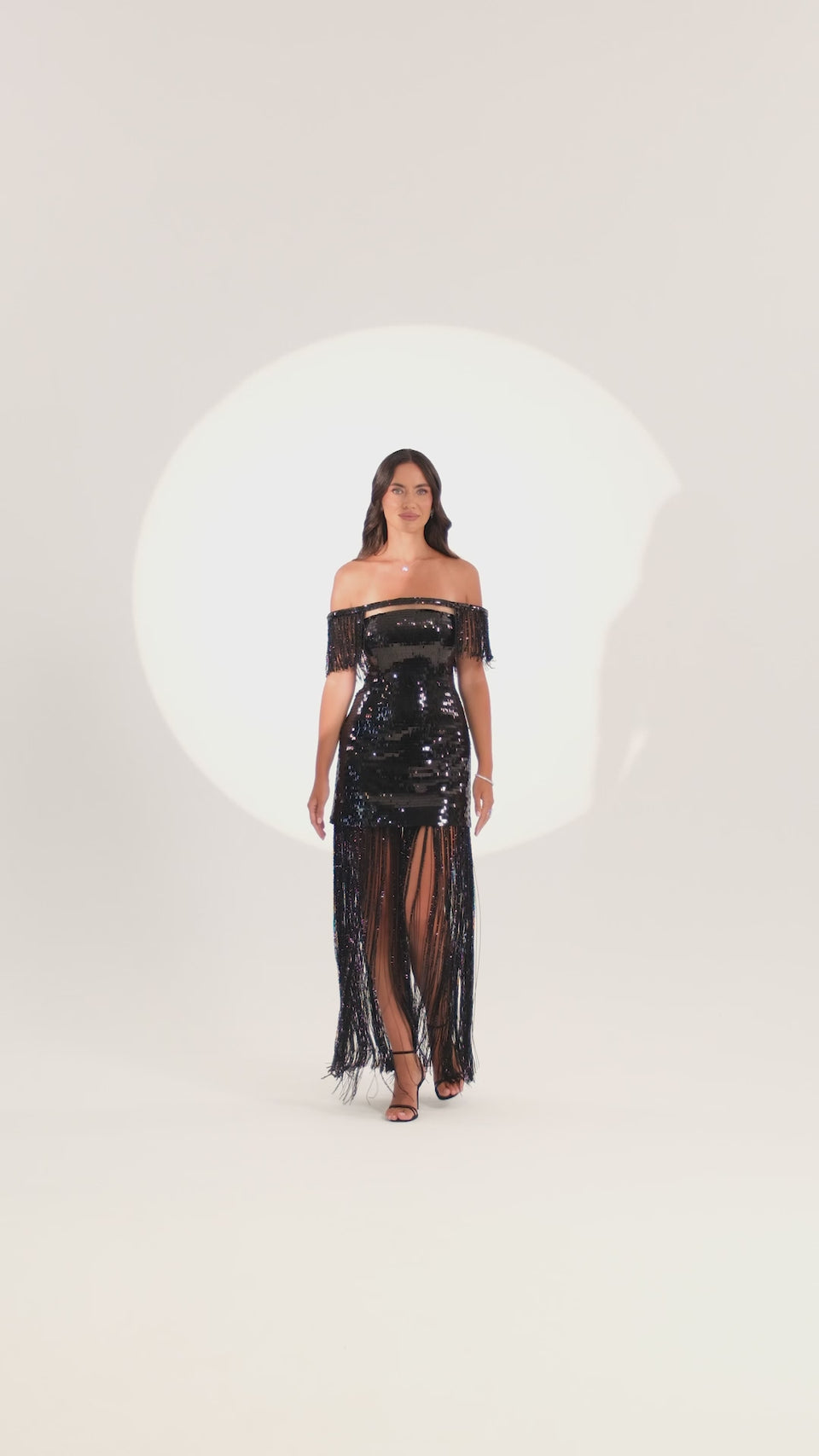 Off-Shoulder Fringe Sequin Gown in Black — video