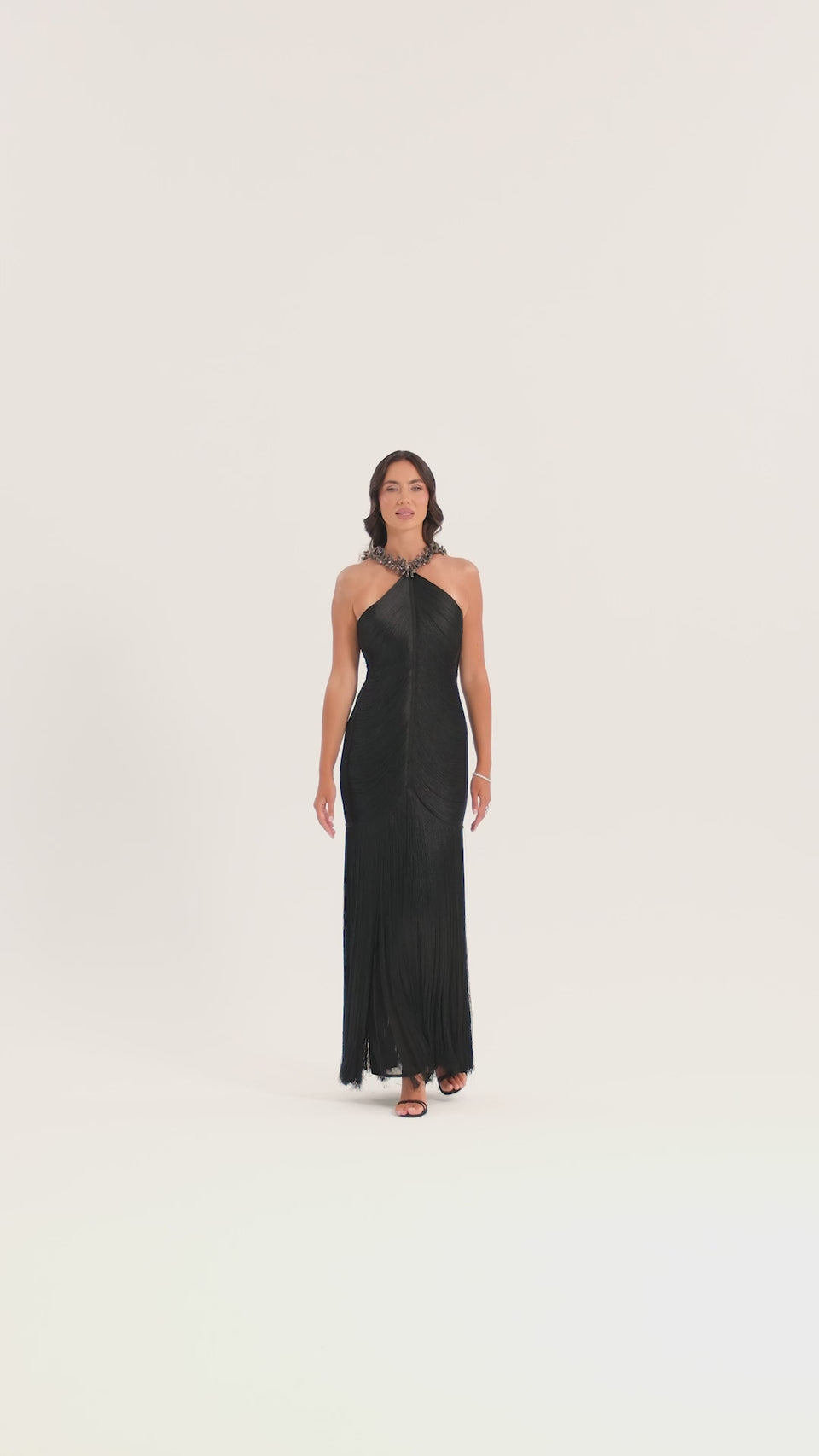 Halter Fringe Gown with Beaded Collar in Black — video