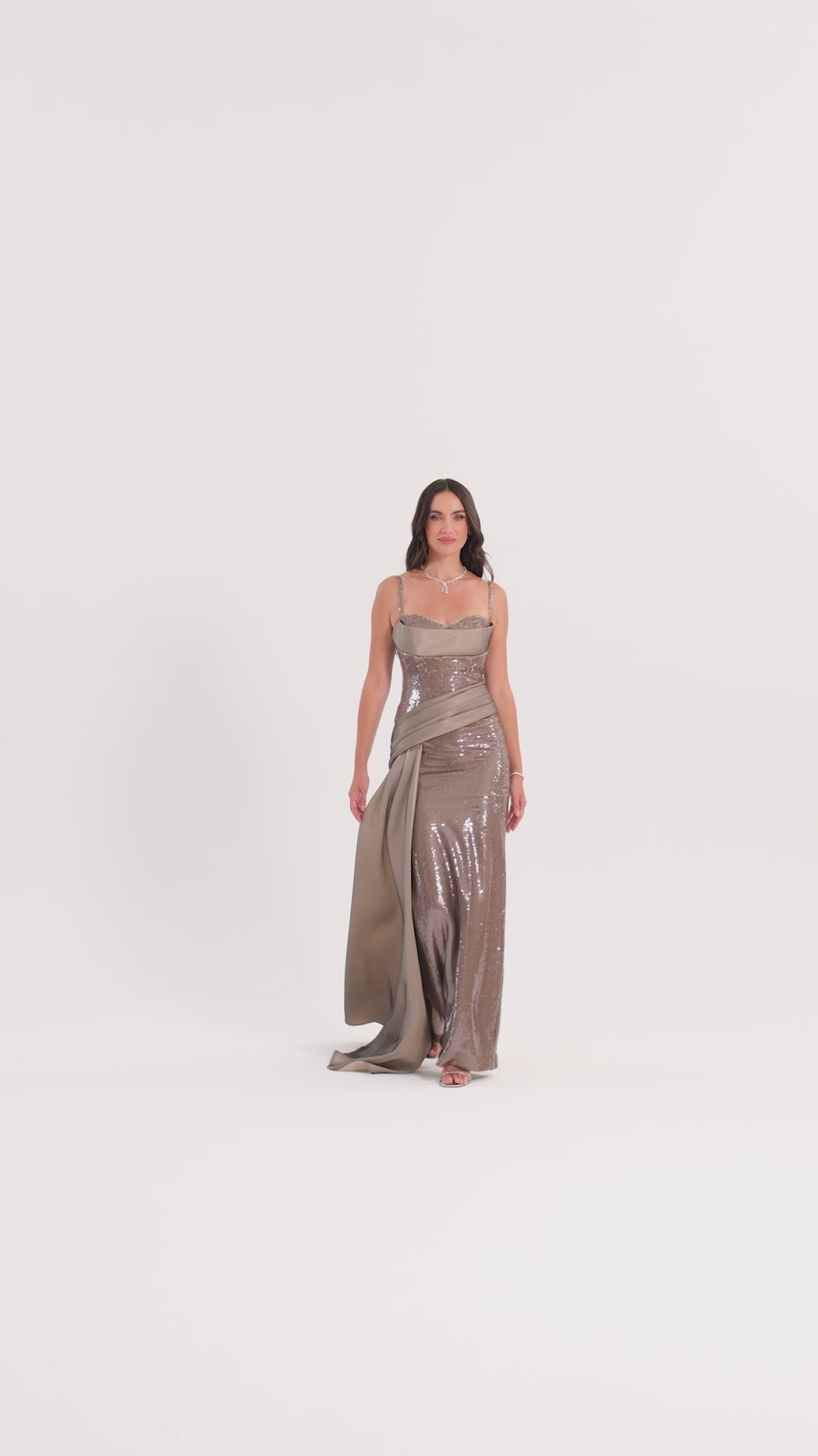 Sequin Gown with Draped Satin Train in Gray — video