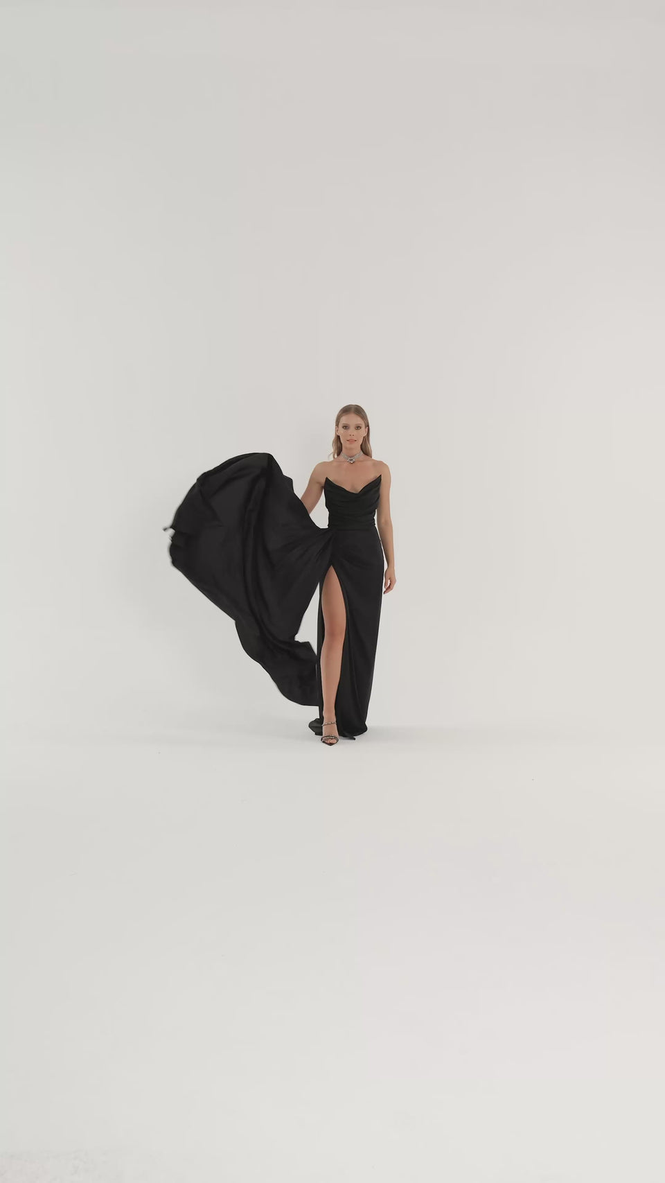 Draped Satin Slit Evening Dress in Black — video