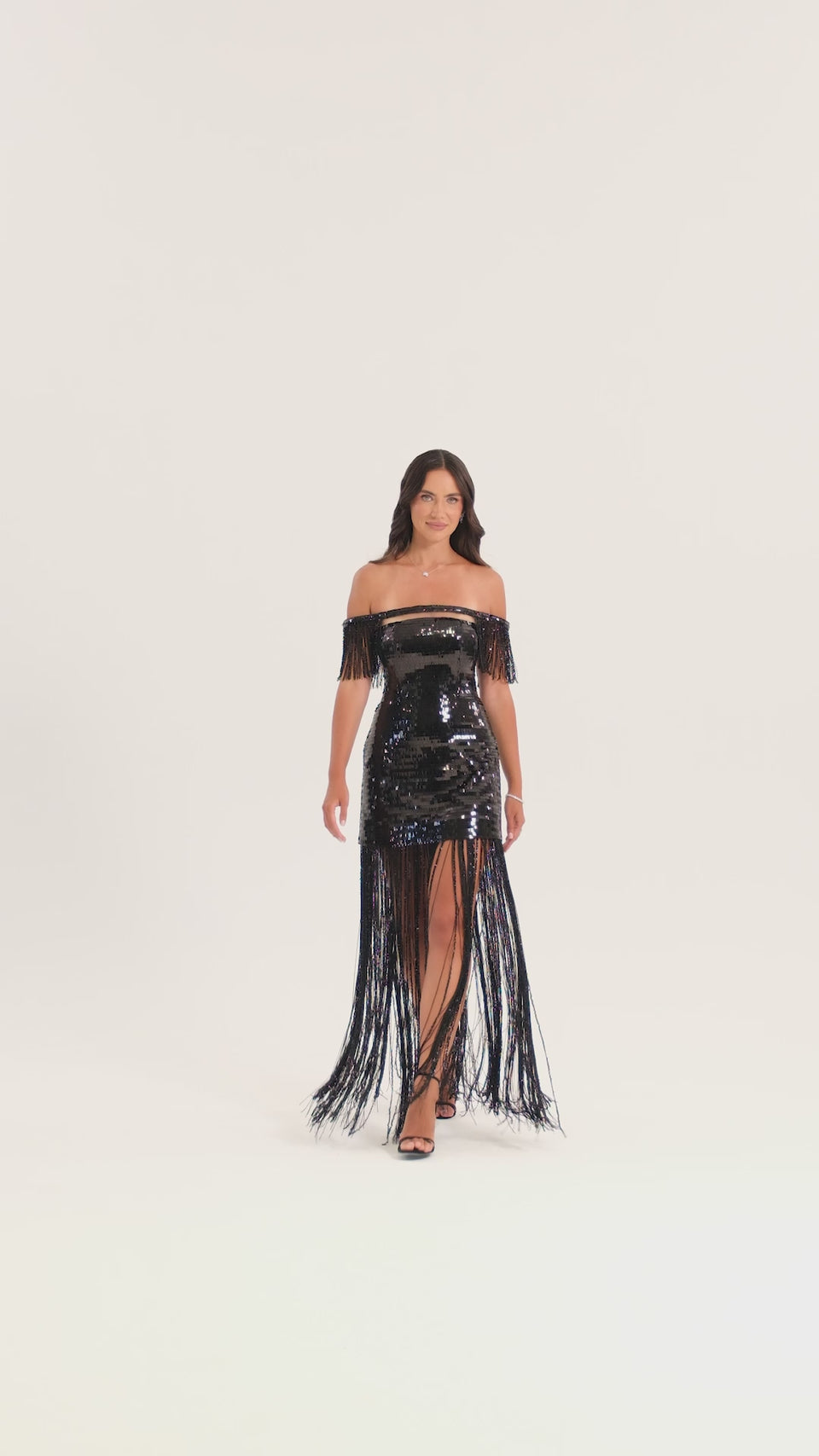 Off-Shoulder Fringe Sequin Gown in Black — video