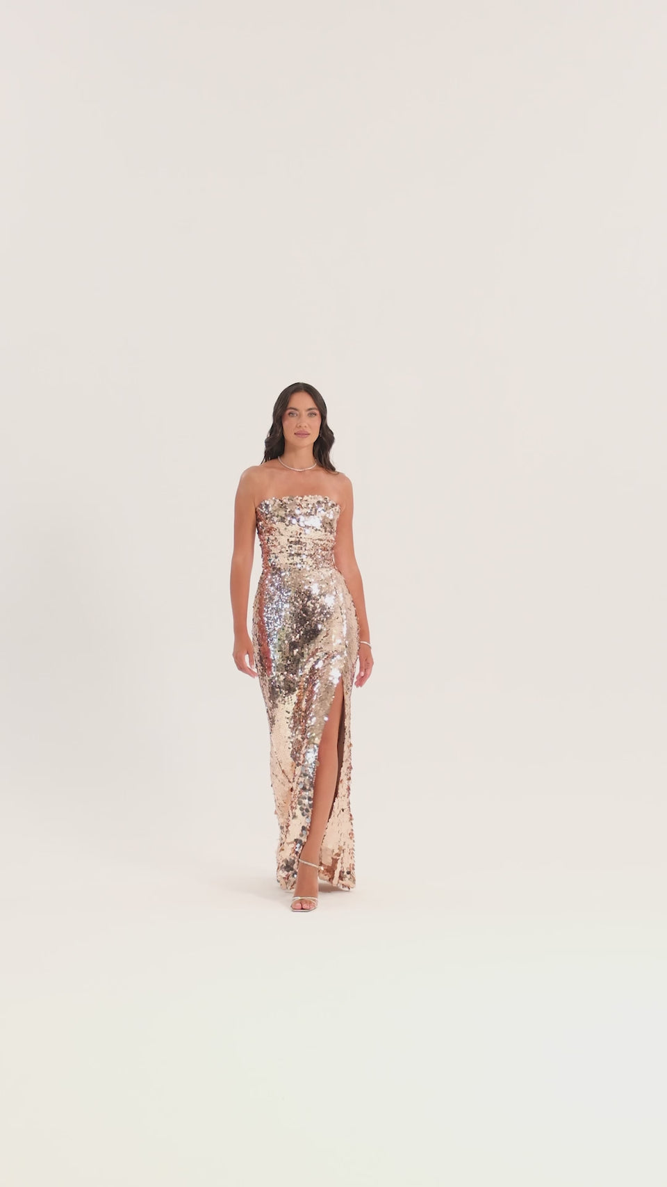 Strapless Front-Slit Sequin Gown in Copper — video