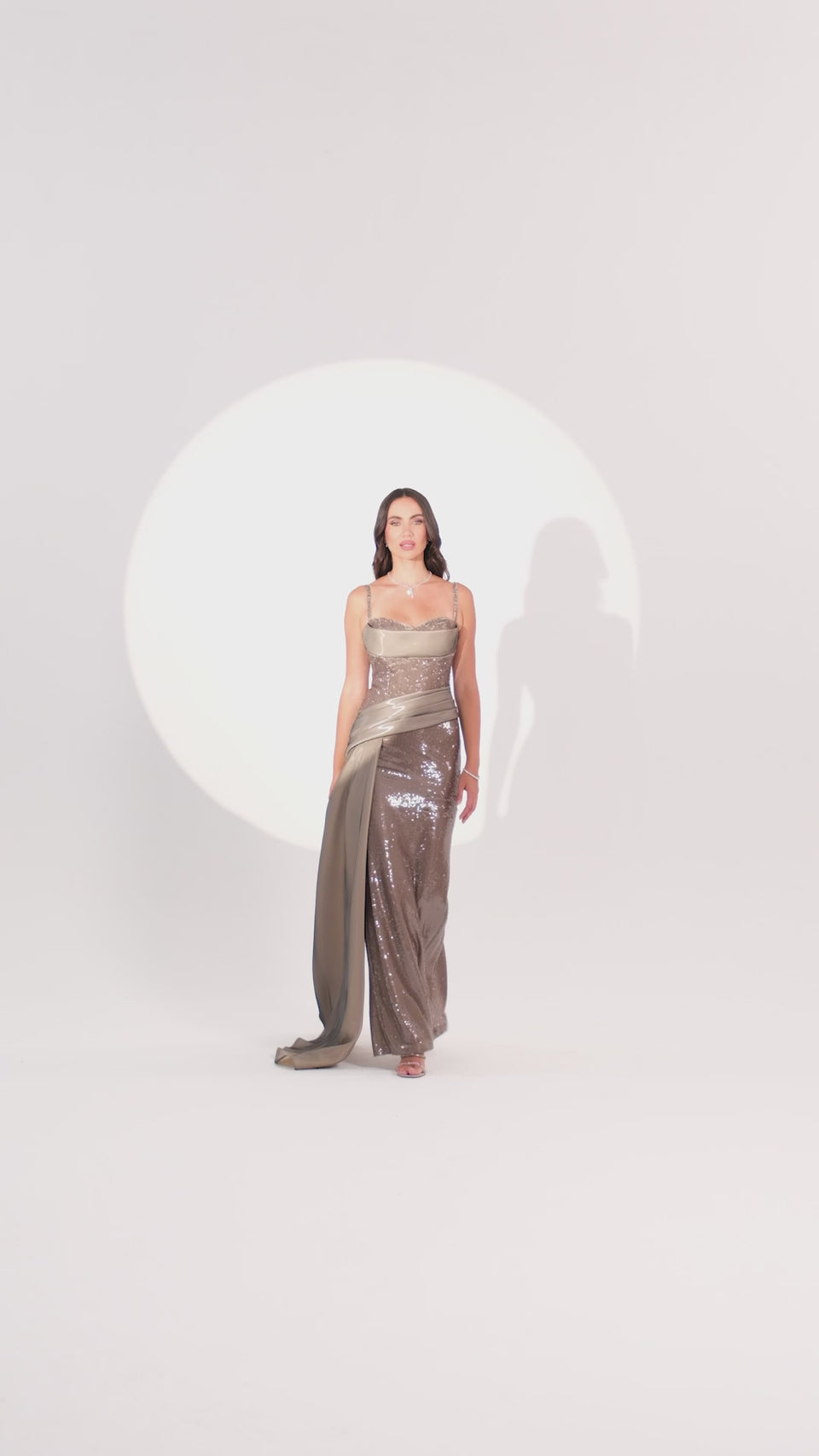 Sequin Gown with Draped Satin Train in Gray — video