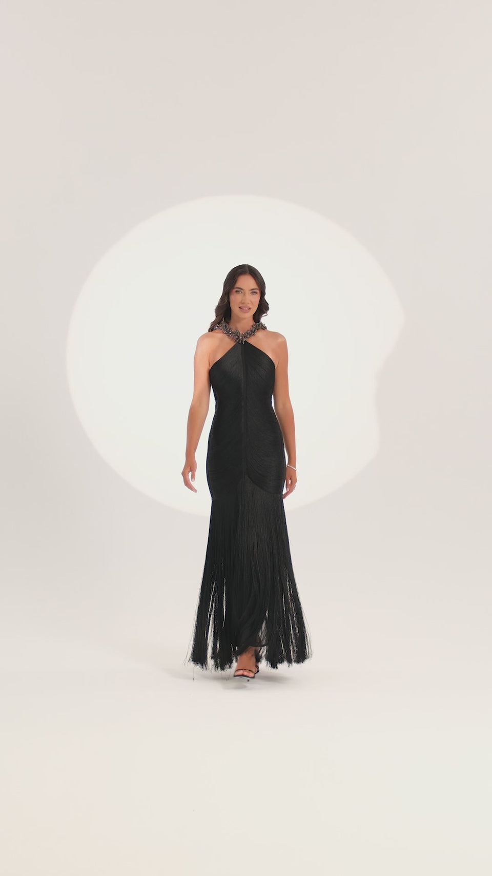 Halter Fringe Gown with Beaded Collar in Black — video