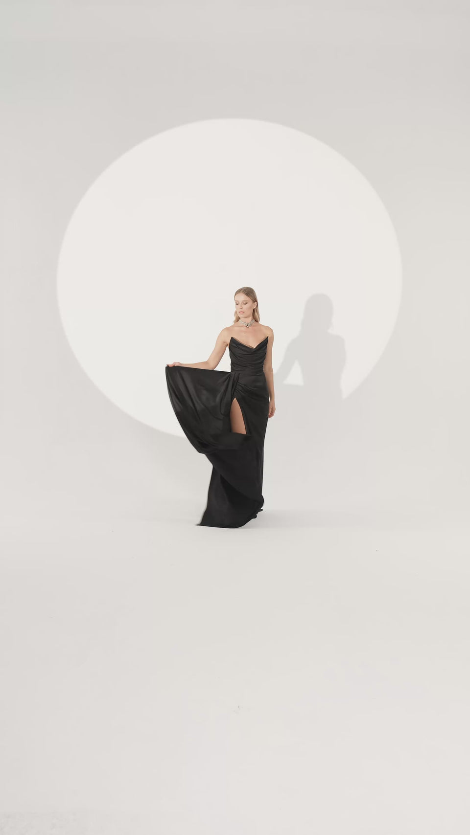 Draped Satin Slit Evening Dress in Black — video